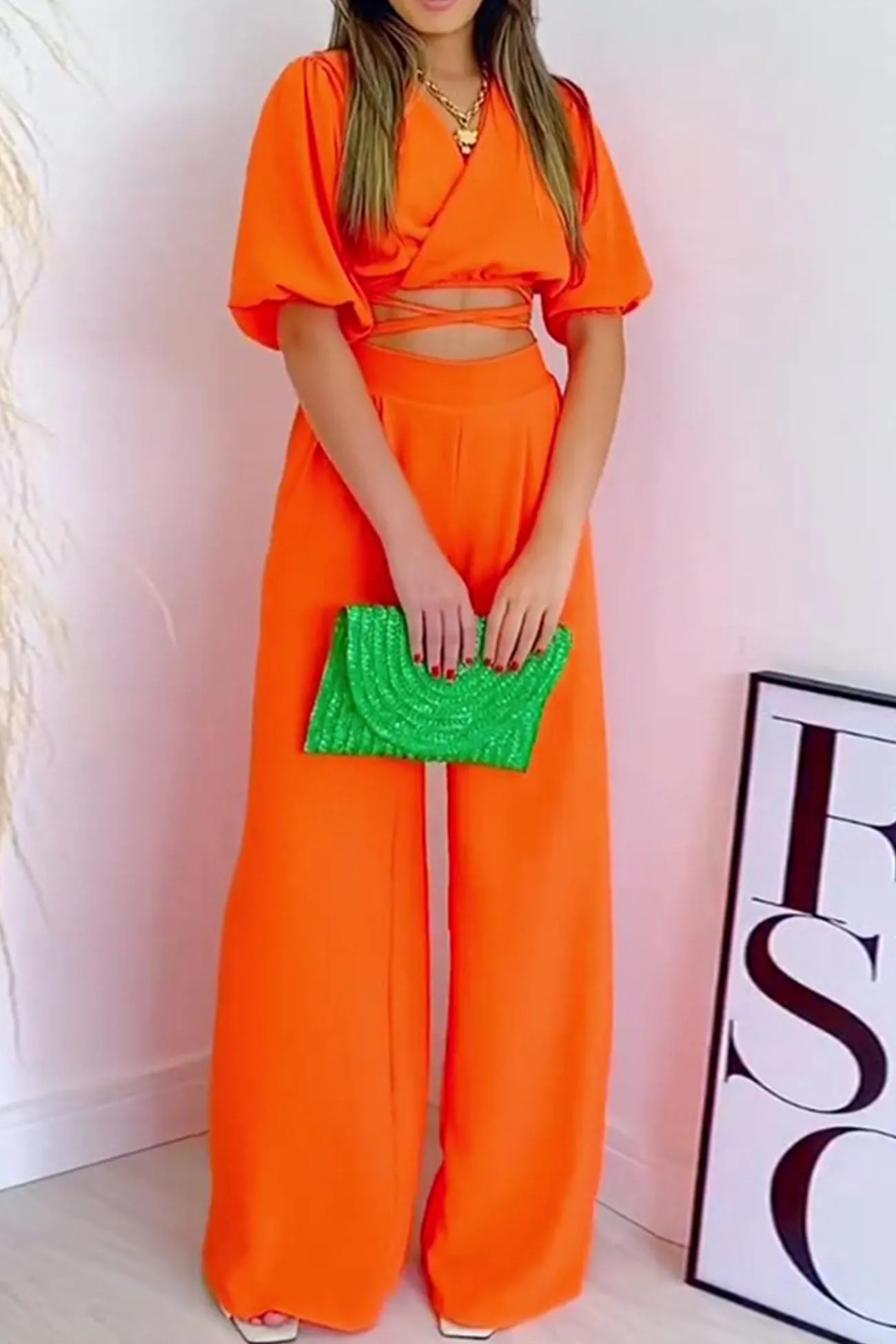 V Neck Waist-Tie Wide Leg Pants Set