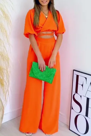 V Neck Waist-Tie Wide Leg Pants Set