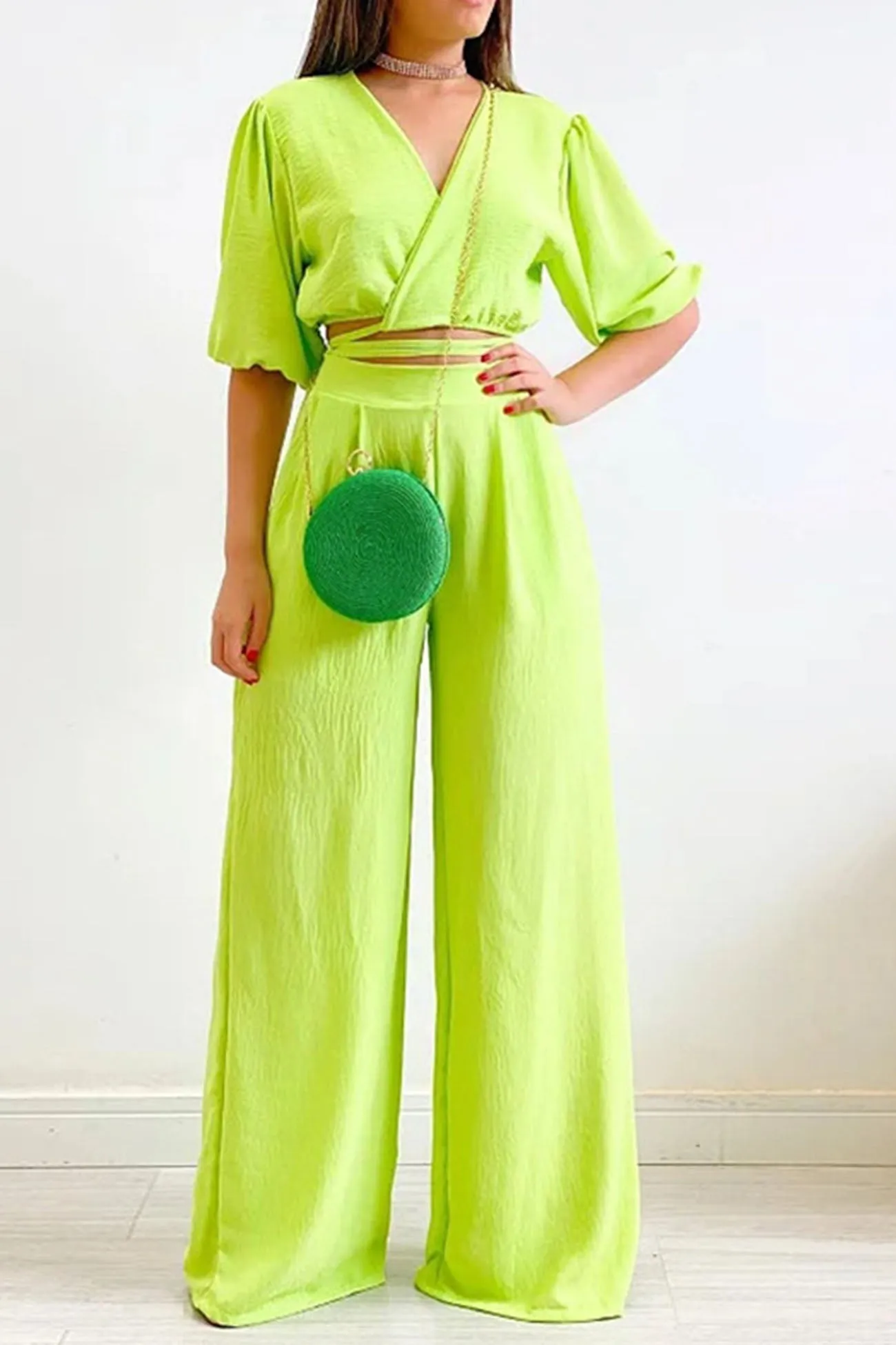 V Neck Waist-Tie Wide Leg Pants Set