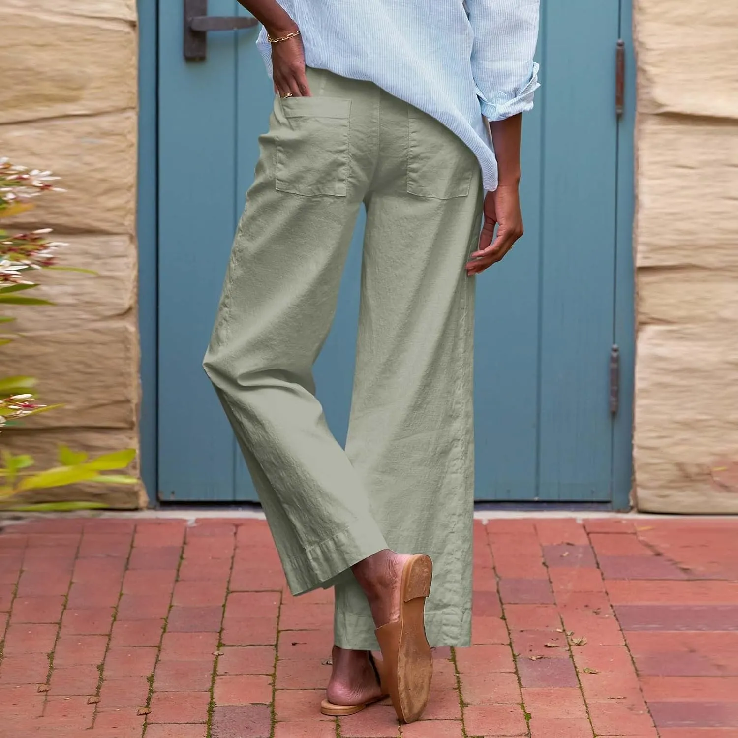 Wide Leg Linen Pants Woman Elastic High Waist Cropped Pants Trendy Lounge Pant Summer Business Casual Work Pants with Pockets