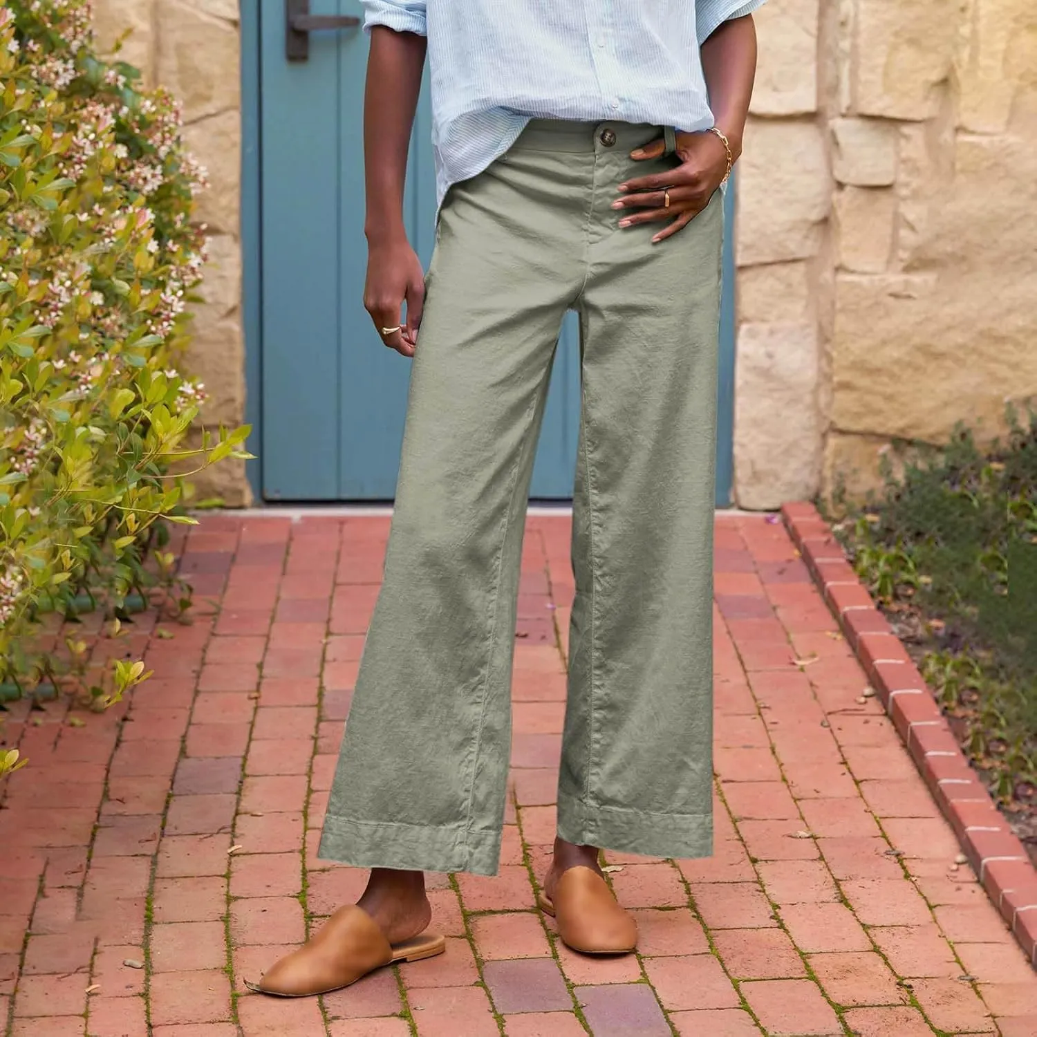 Wide Leg Linen Pants Woman Elastic High Waist Cropped Pants Trendy Lounge Pant Summer Business Casual Work Pants with Pockets