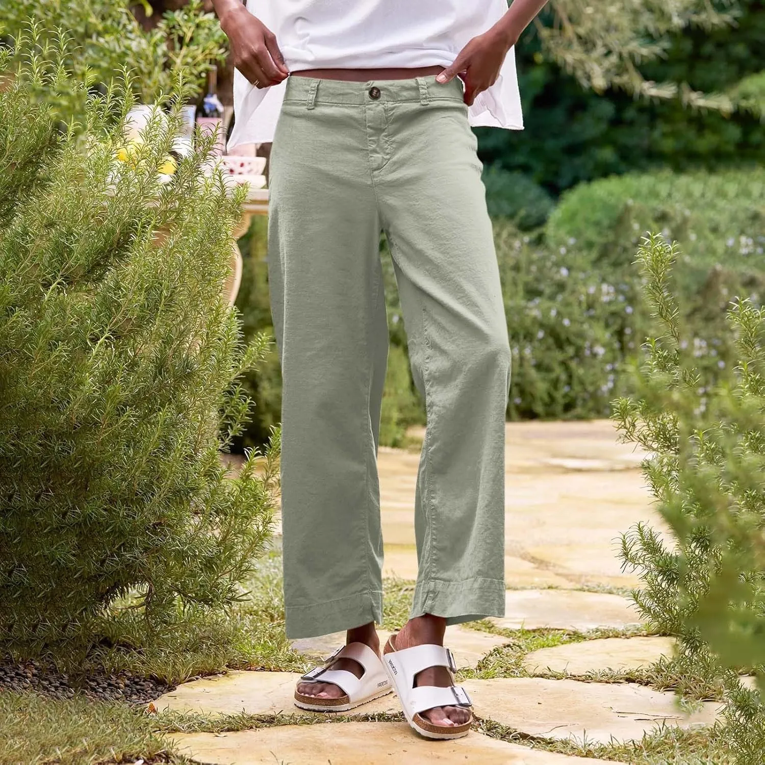 Wide Leg Linen Pants Woman Elastic High Waist Cropped Pants Trendy Lounge Pant Summer Business Casual Work Pants with Pockets