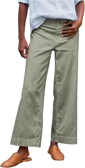 Wide Leg Linen Pants Woman Elastic High Waist Cropped Pants Trendy Lounge Pant Summer Business Casual Work Pants with Pockets