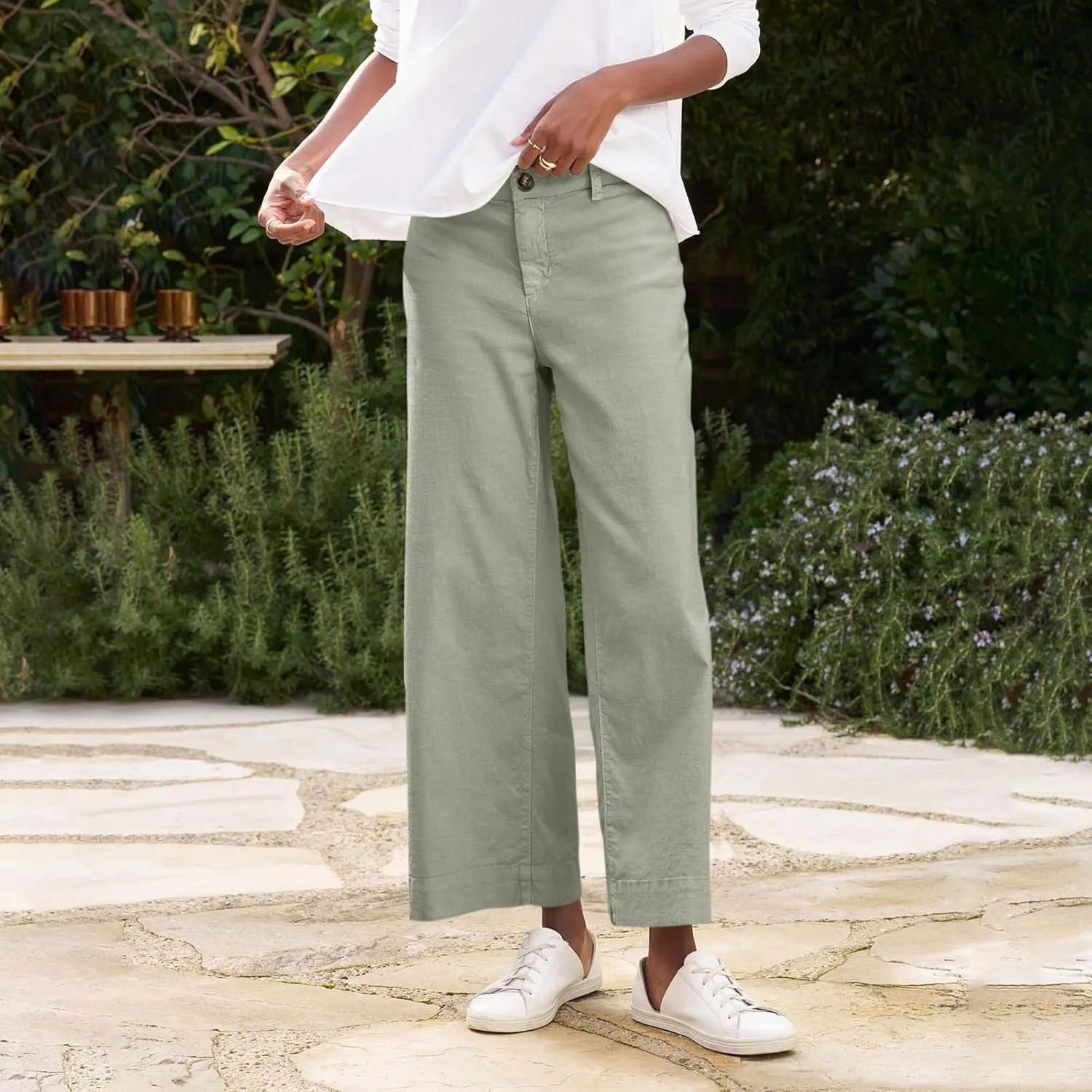 Wide Leg Linen Pants Woman Elastic High Waist Cropped Pants Trendy Lounge Pant Summer Business Casual Work Pants with Pockets