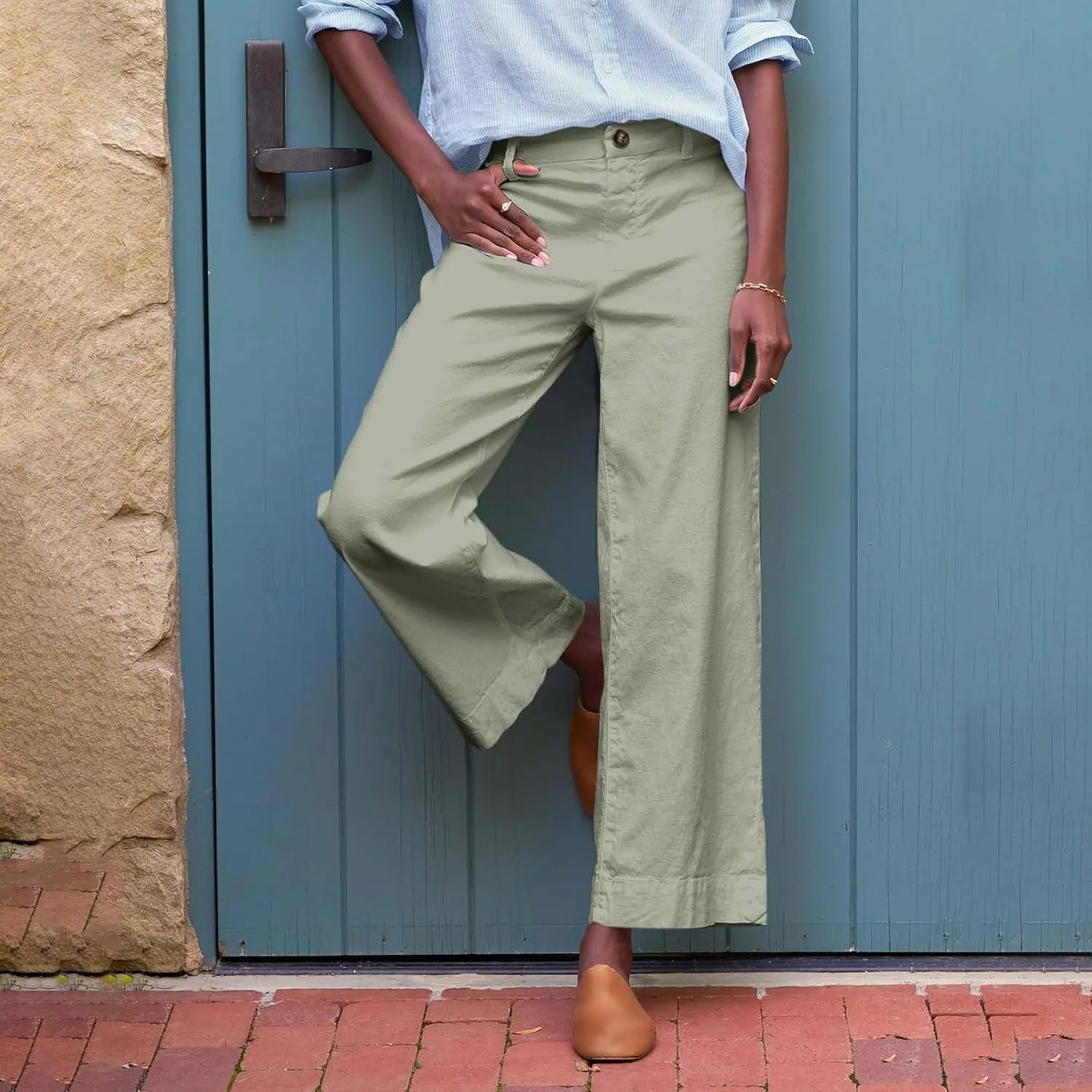 Wide Leg Linen Pants Woman Elastic High Waist Cropped Pants Trendy Lounge Pant Summer Business Casual Work Pants with Pockets