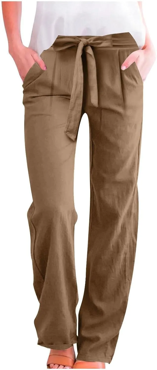Wide Leg Pants Women Cotton Linen High Waist Pull On Flowy Casual Baggy Drawstring Palazzo Trousers Pants Resort Wear