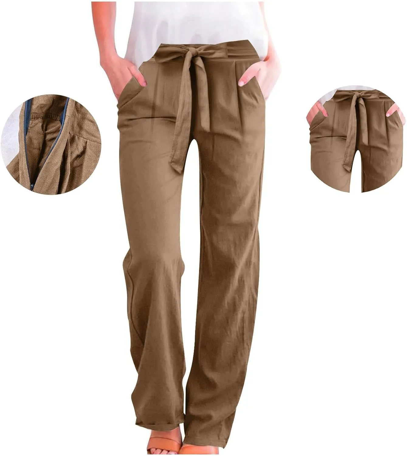 Wide Leg Pants Women Cotton Linen High Waist Pull On Flowy Casual Baggy Drawstring Palazzo Trousers Pants Resort Wear