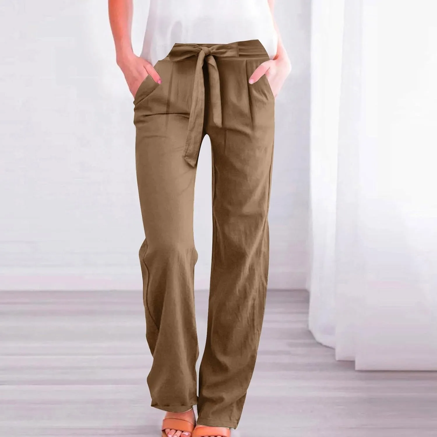 Wide Leg Pants Women Cotton Linen High Waist Pull On Flowy Casual Baggy Drawstring Palazzo Trousers Pants Resort Wear