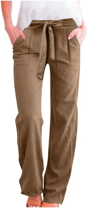 Wide Leg Pants Women Cotton Linen High Waist Pull On Flowy Casual Baggy Drawstring Palazzo Trousers Pants Resort Wear