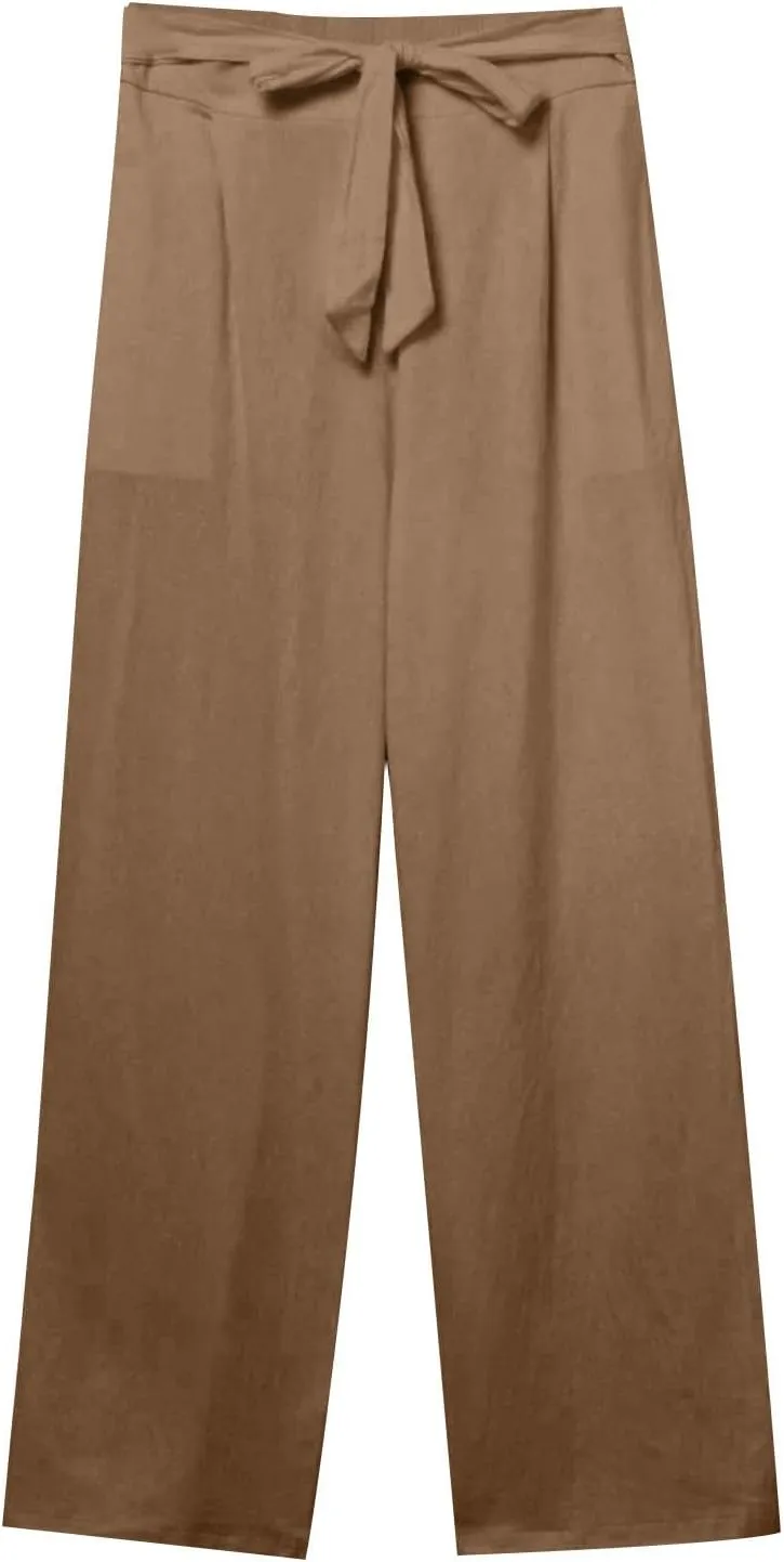 Wide Leg Pants Women Cotton Linen High Waist Pull On Flowy Casual Baggy Drawstring Palazzo Trousers Pants Resort Wear