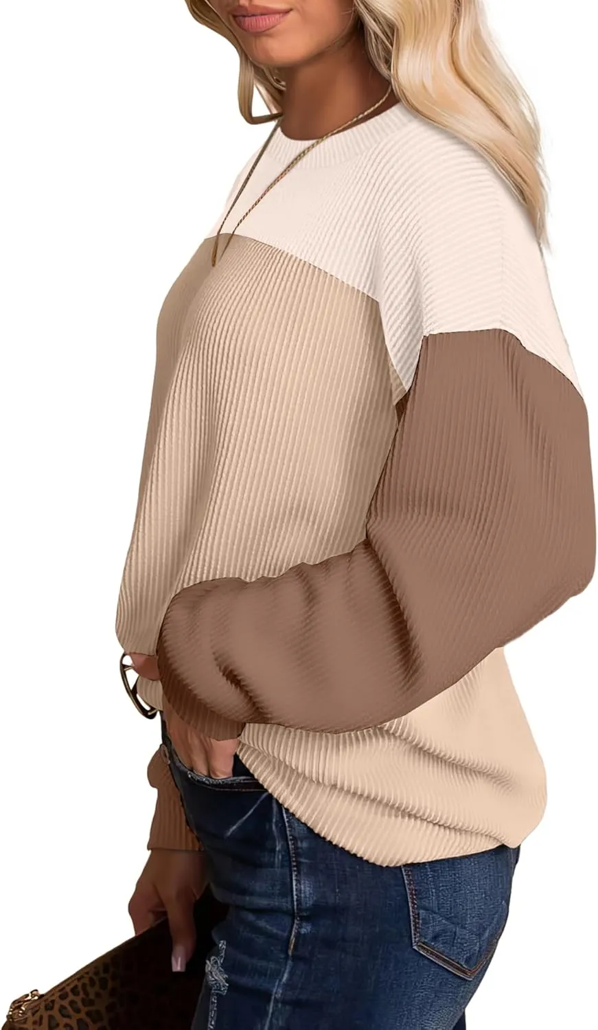 WIHOLL Womens Fall Fashion 2024 Color Block Long Sleeve Crewneck Knitted Ribbed Shirts Tunic Tops Casual Loose Trendy
