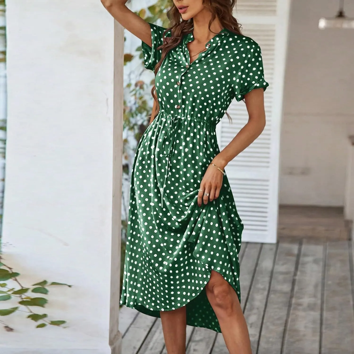 Women Button Front Drawstring High Waist Short Sleeve A Line Midi Dress Polka Dot Tie Waist Wrap Business Dress