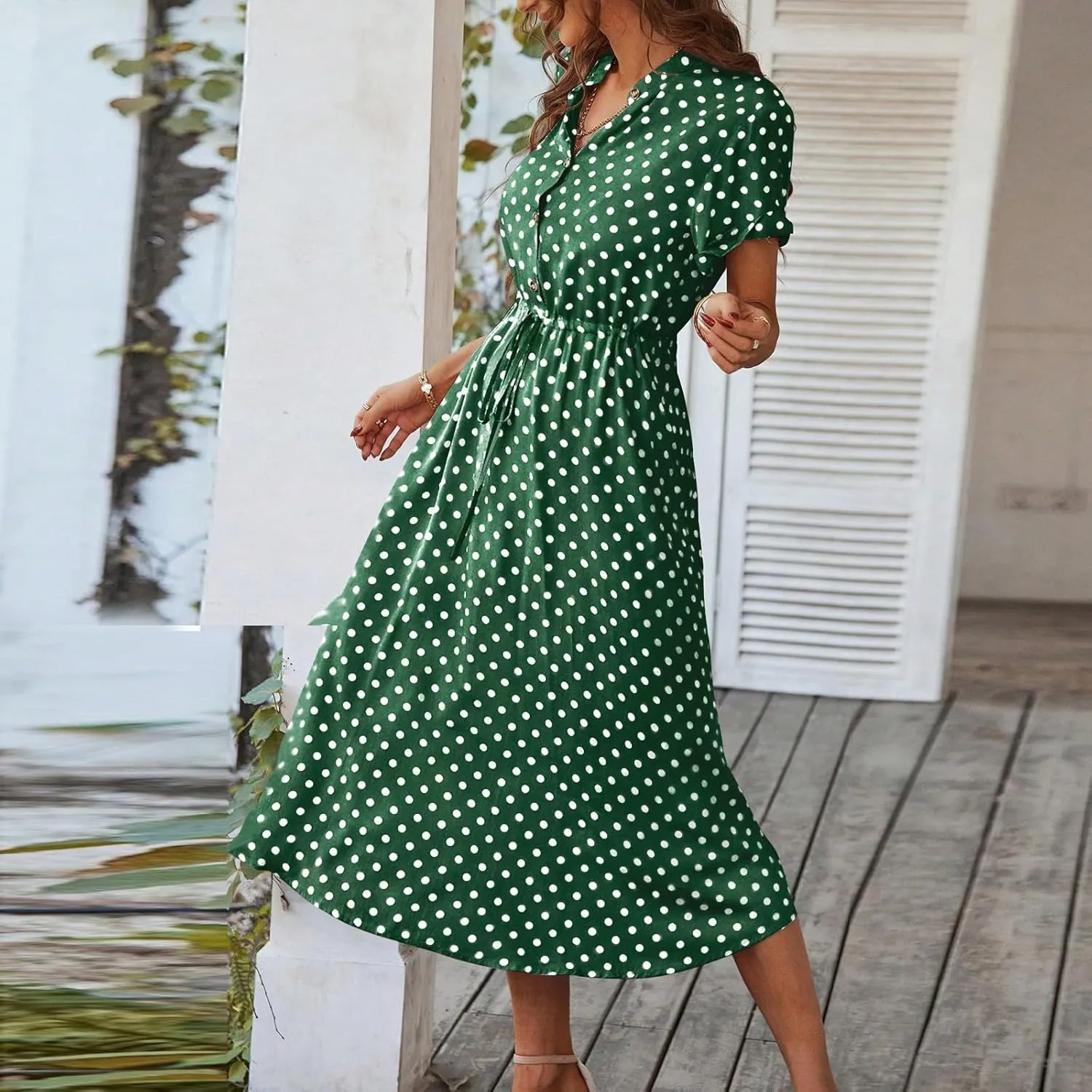 Women Button Front Drawstring High Waist Short Sleeve A Line Midi Dress Polka Dot Tie Waist Wrap Business Dress