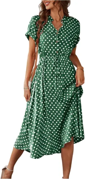 Women Button Front Drawstring High Waist Short Sleeve A Line Midi Dress Polka Dot Tie Waist Wrap Business Dress