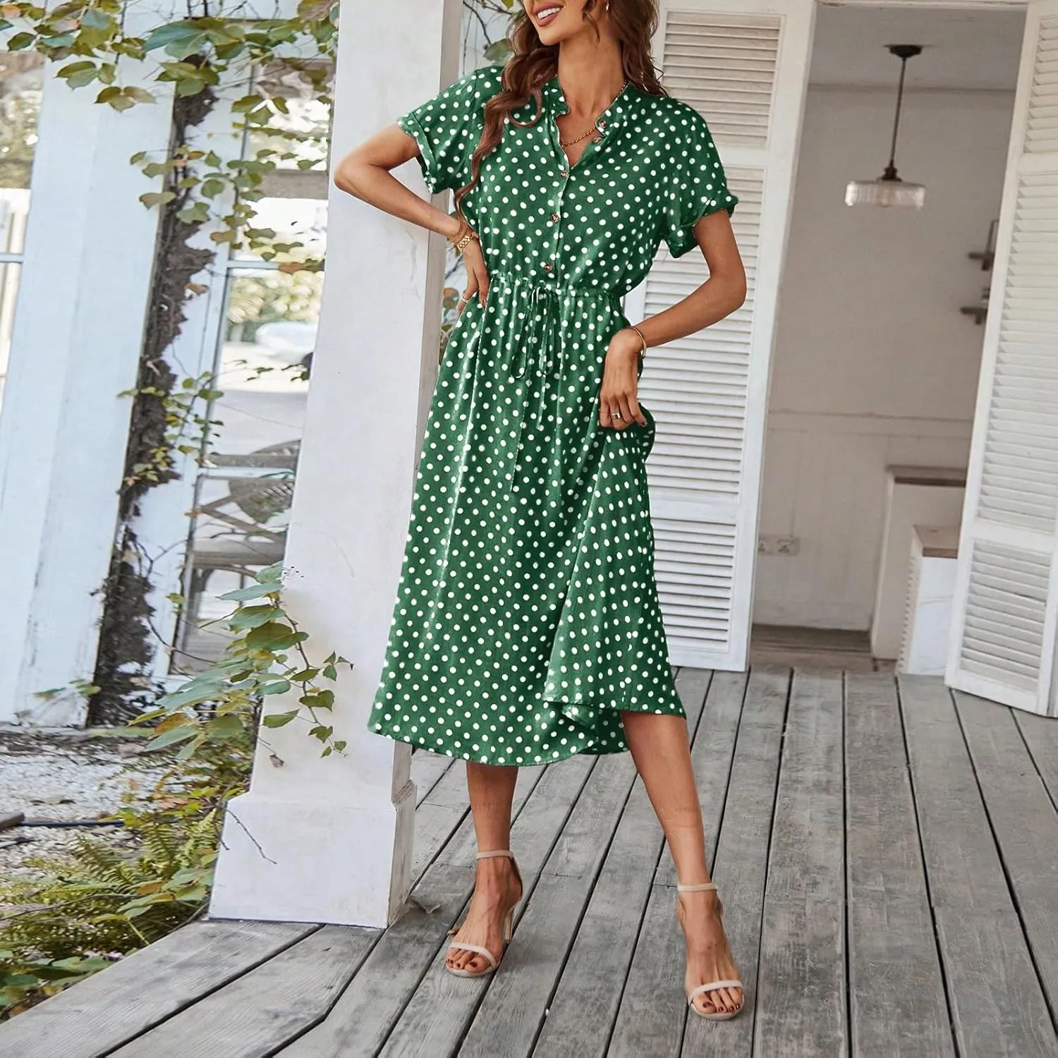 Women Button Front Drawstring High Waist Short Sleeve A Line Midi Dress Polka Dot Tie Waist Wrap Business Dress