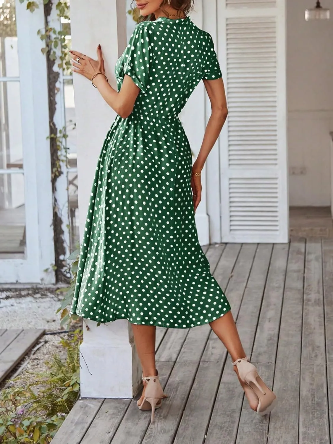 Women Button Front Drawstring High Waist Short Sleeve A Line Midi Dress Polka Dot Tie Waist Wrap Business Dress