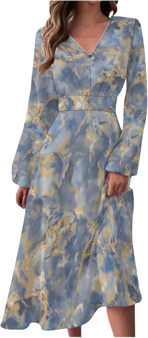 Women Dresses,Women's Floral Print Boho Dress Long Sleeve Wrap V Neck Ruffle Belted A-Line Flowy Maxi Dresses