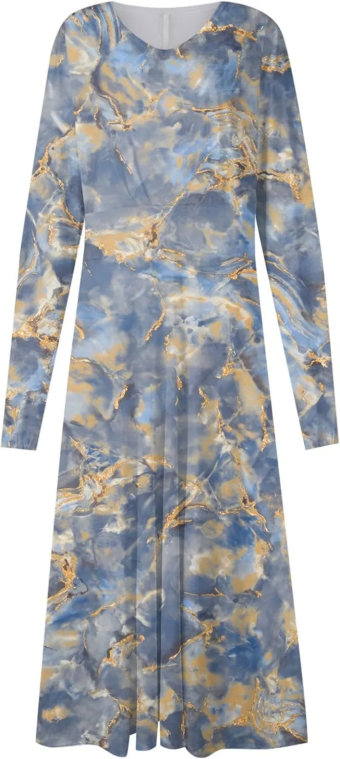 Women Dresses,Women's Floral Print Boho Dress Long Sleeve Wrap V Neck Ruffle Belted A-Line Flowy Maxi Dresses