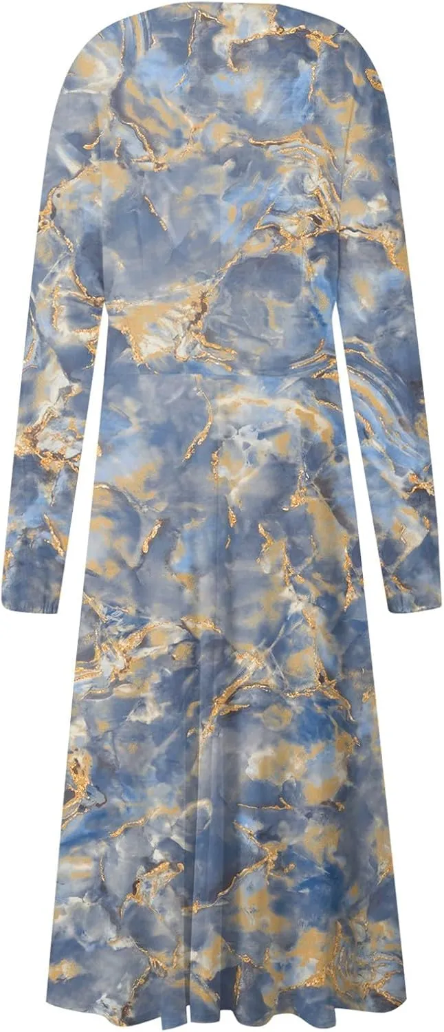Women Dresses,Women's Floral Print Boho Dress Long Sleeve Wrap V Neck Ruffle Belted A-Line Flowy Maxi Dresses