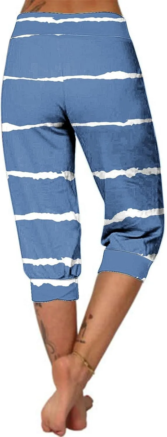 Women Irregular Striped Capris Pant Summer High Elastic Gaucho Sweatpants Side Pocket Yoga Trouser Lightweight Pants