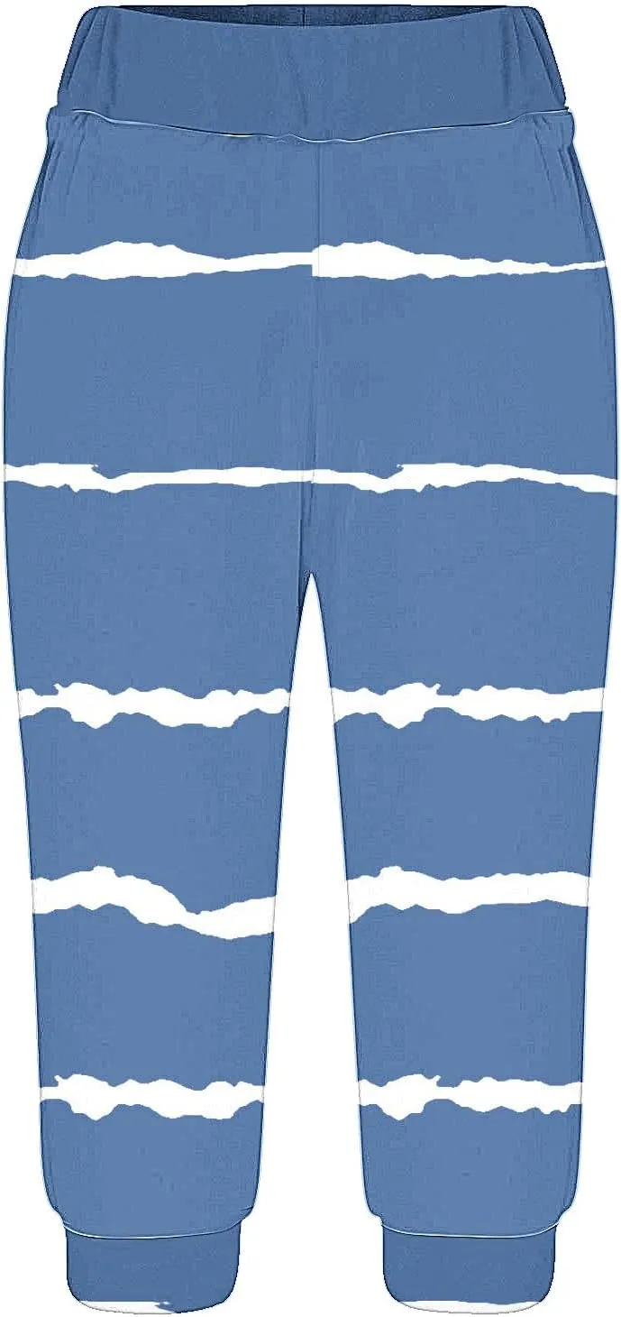 Women Irregular Striped Capris Pant Summer High Elastic Gaucho Sweatpants Side Pocket Yoga Trouser Lightweight Pants