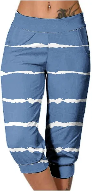 Women Irregular Striped Capris Pant Summer High Elastic Gaucho Sweatpants Side Pocket Yoga Trouser Lightweight Pants