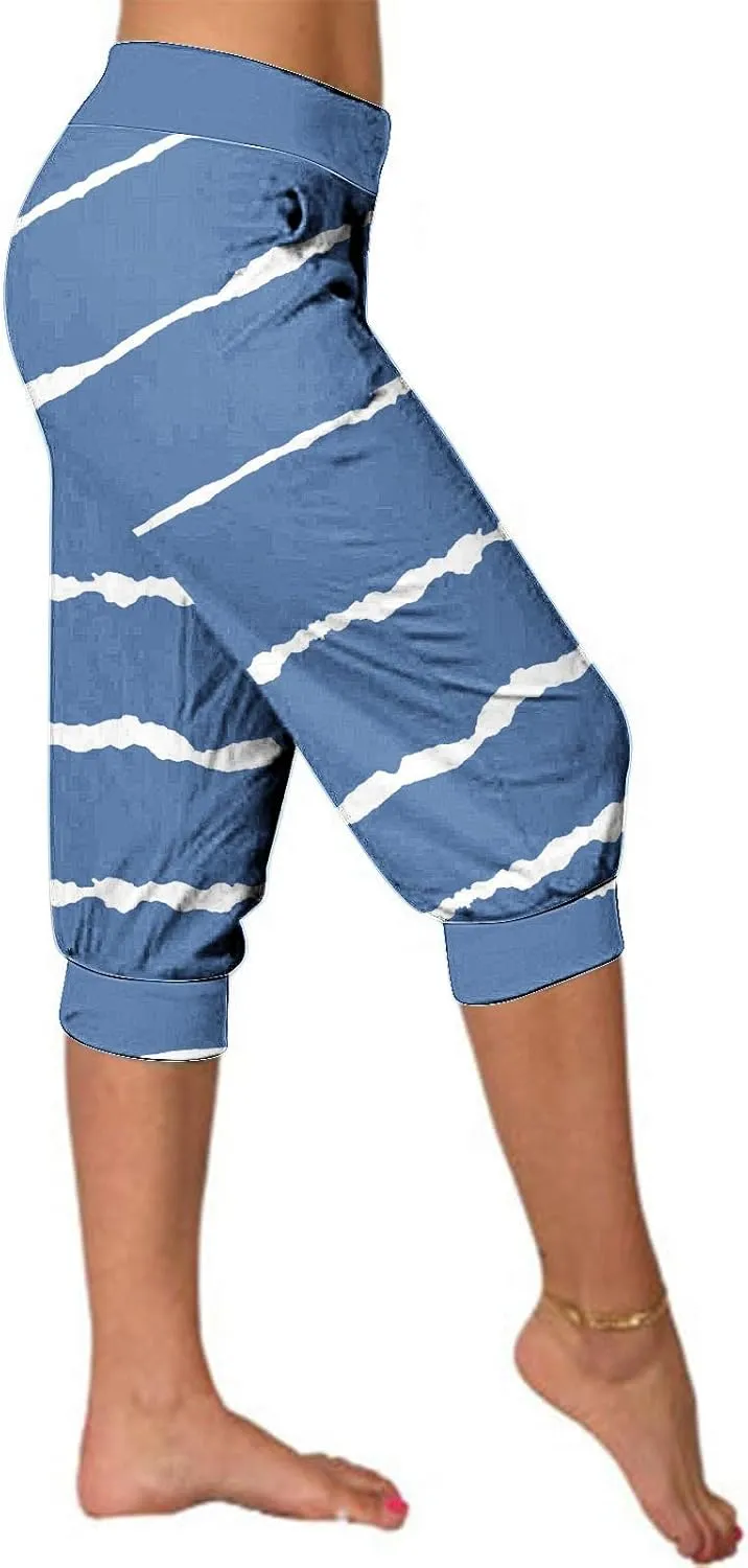 Women Irregular Striped Capris Pant Summer High Elastic Gaucho Sweatpants Side Pocket Yoga Trouser Lightweight Pants