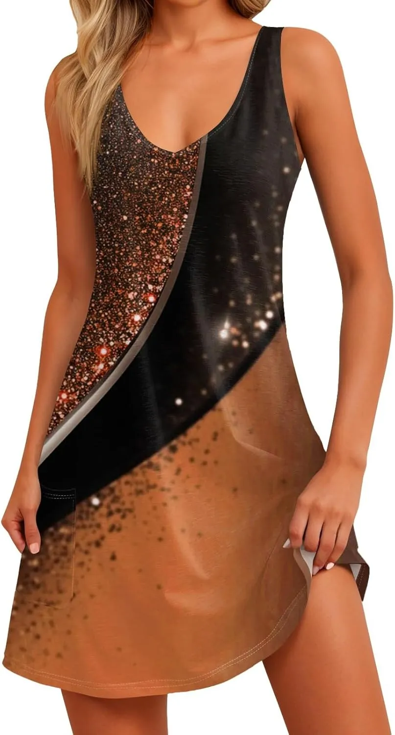 Women Summer Dresses 2025 Printed Sundress Casual Sleeveless Swimsuit Coverup Vacation V Neck Dress with Pocket