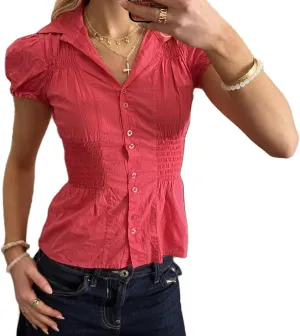 Women Y2K Plaid Button Down Shirt Coquette Short Sleeve V Neck Blouses Top Vintage Preppy Crop Top Shirt