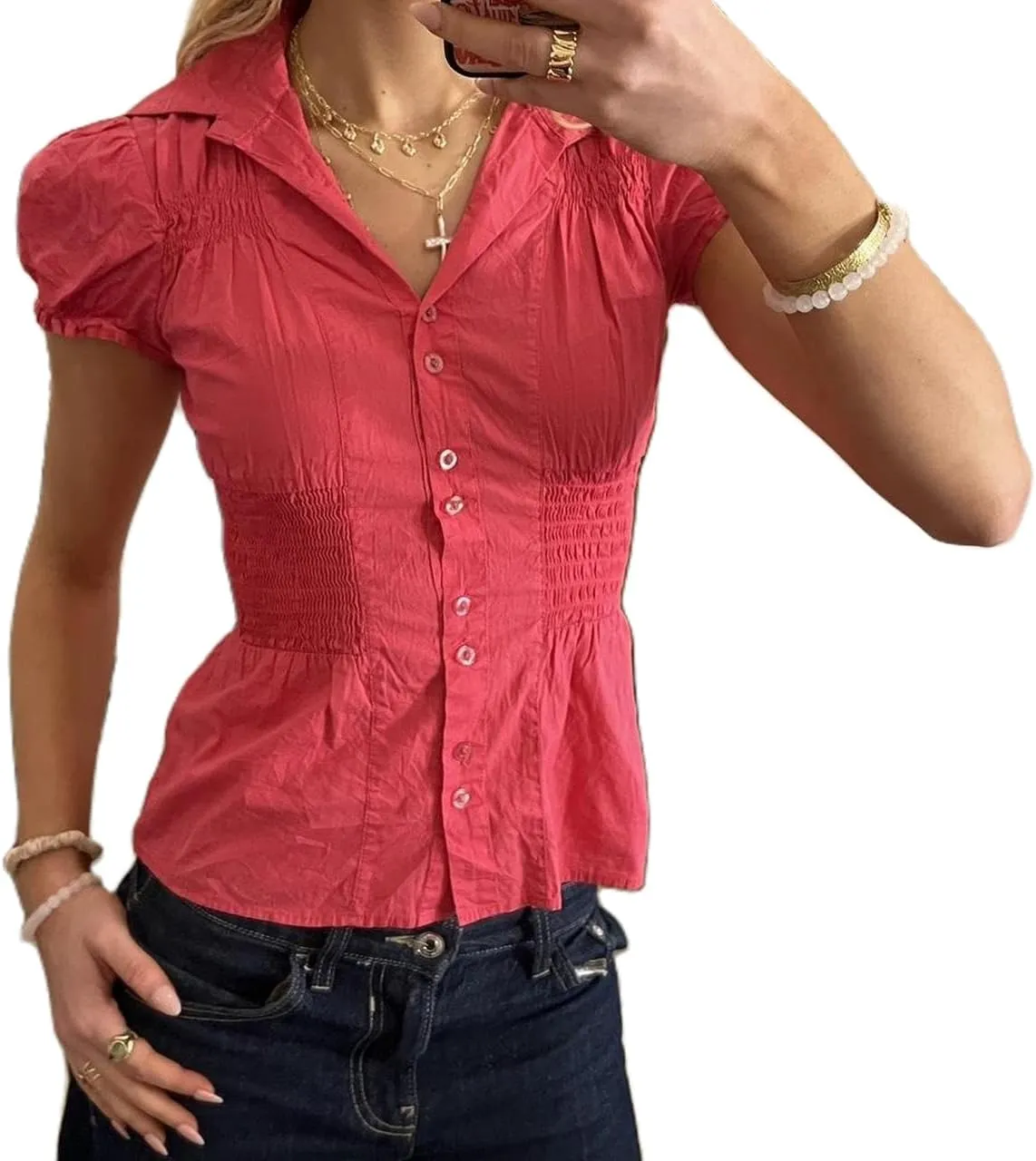 Women Y2K Plaid Button Down Shirt Coquette Short Sleeve V Neck Blouses Top Vintage Preppy Crop Top Shirt