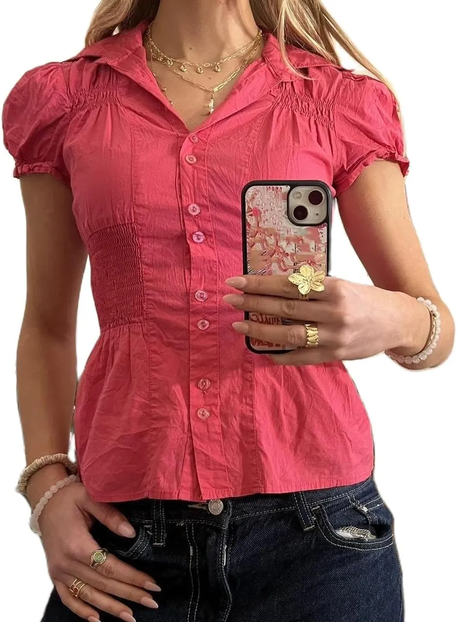 Women Y2K Plaid Button Down Shirt Coquette Short Sleeve V Neck Blouses Top Vintage Preppy Crop Top Shirt