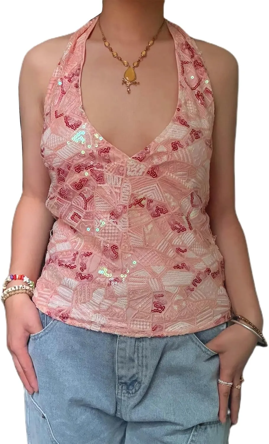 Women Y2k Sequin Halter Cami Top Sleeveless Open Back Tank Top Glitter Rhinestone Camisole Summer Streetwear