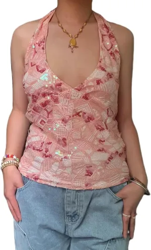 Women Y2k Sequin Halter Cami Top Sleeveless Open Back Tank Top Glitter Rhinestone Camisole Summer Streetwear