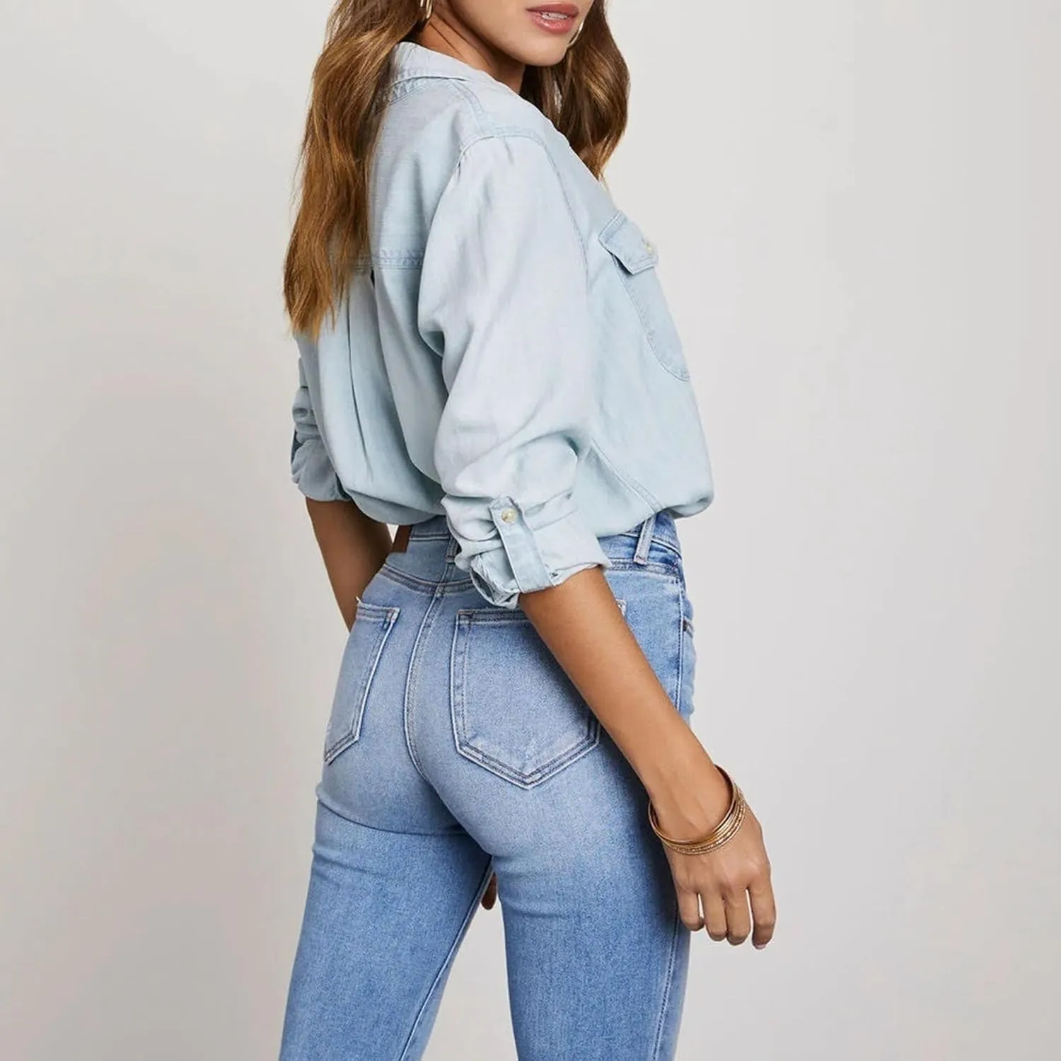 Women's Button Down Denim Jacket Plus Size Cropped Denim Top Casual Long Sleeve Blouse Top with Pocket