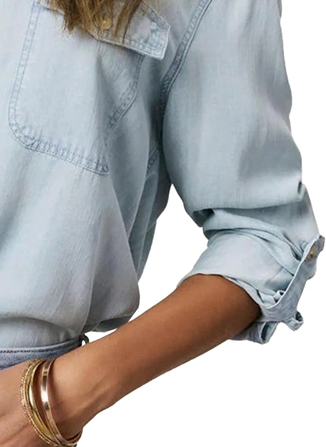 Women's Button Down Denim Jacket Plus Size Cropped Denim Top Casual Long Sleeve Blouse Top with Pocket
