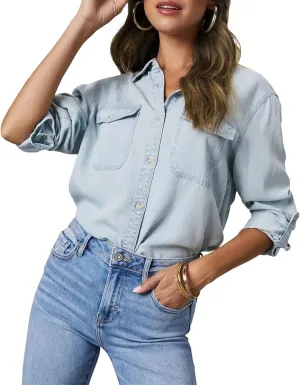 Women's Button Down Denim Jacket Plus Size Cropped Denim Top Casual Long Sleeve Blouse Top with Pocket