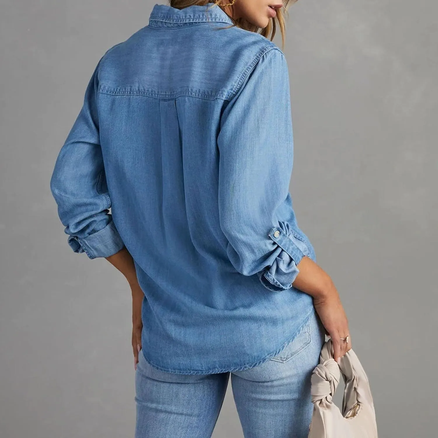 Women's Button Down Denim Jacket Plus Size Cropped Denim Top Casual Long Sleeve Blouse Top with Pocket