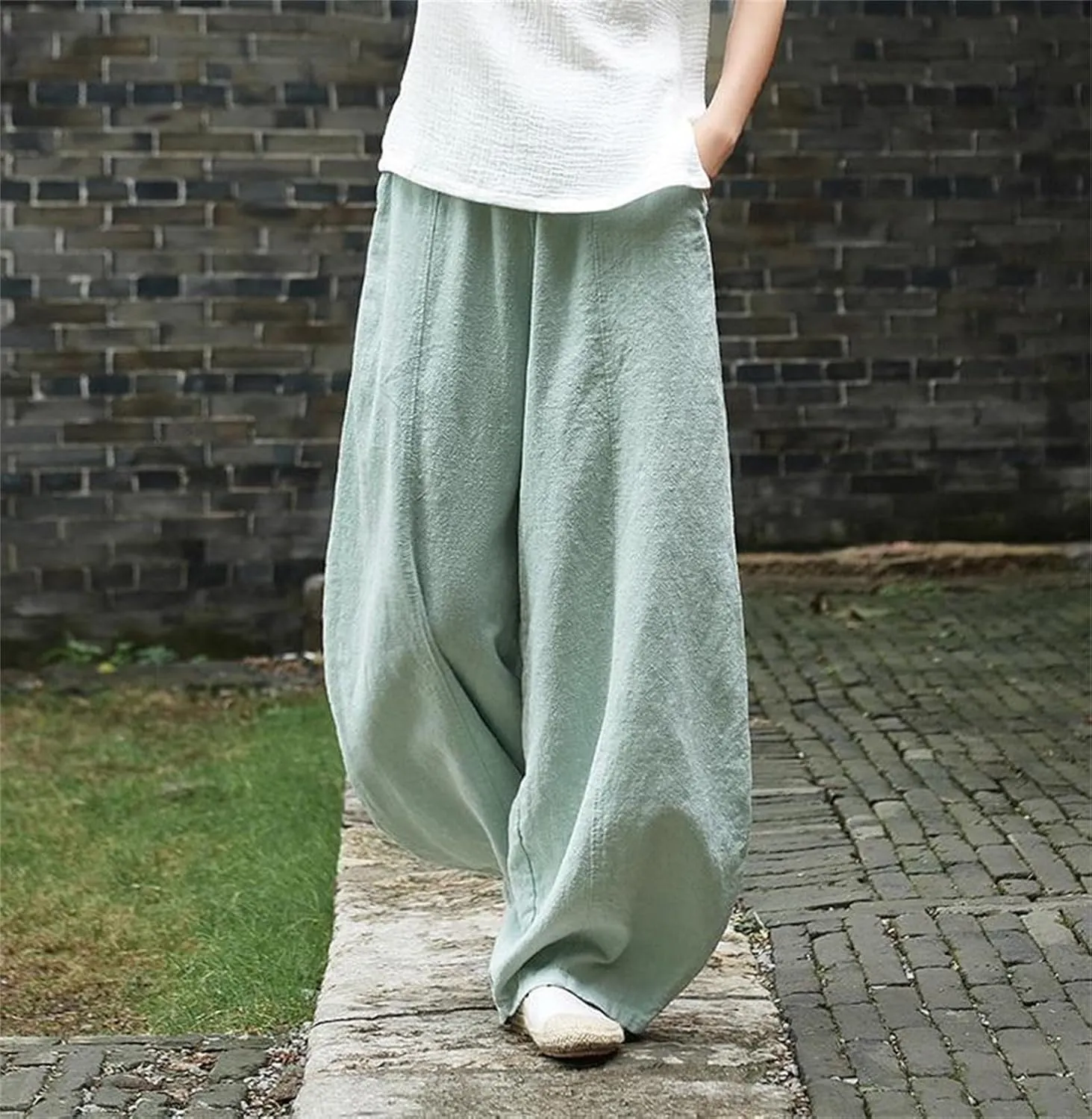 Womens Casual Cotton Linen Baggy Pants Summer Wide Leg Elastic Waist Pants Lantern Trouser with Pockets