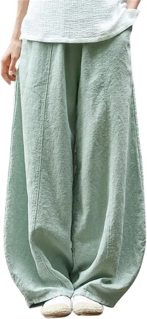 Womens Casual Cotton Linen Baggy Pants Summer Wide Leg Elastic Waist Pants Lantern Trouser with Pockets
