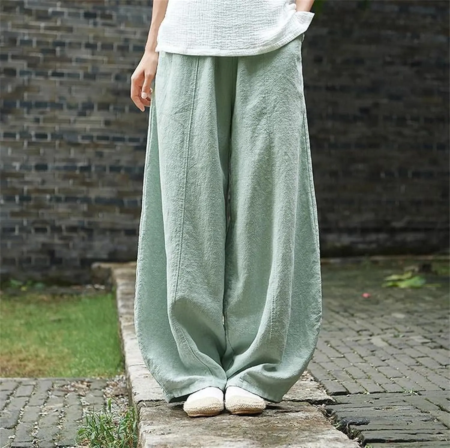 Womens Casual Cotton Linen Baggy Pants Summer Wide Leg Elastic Waist Pants Lantern Trouser with Pockets