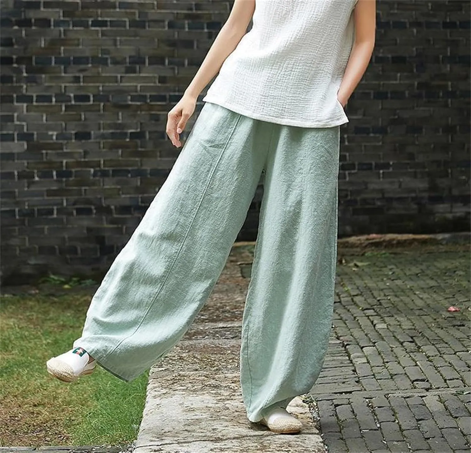 Womens Casual Cotton Linen Baggy Pants Summer Wide Leg Elastic Waist Pants Lantern Trouser with Pockets