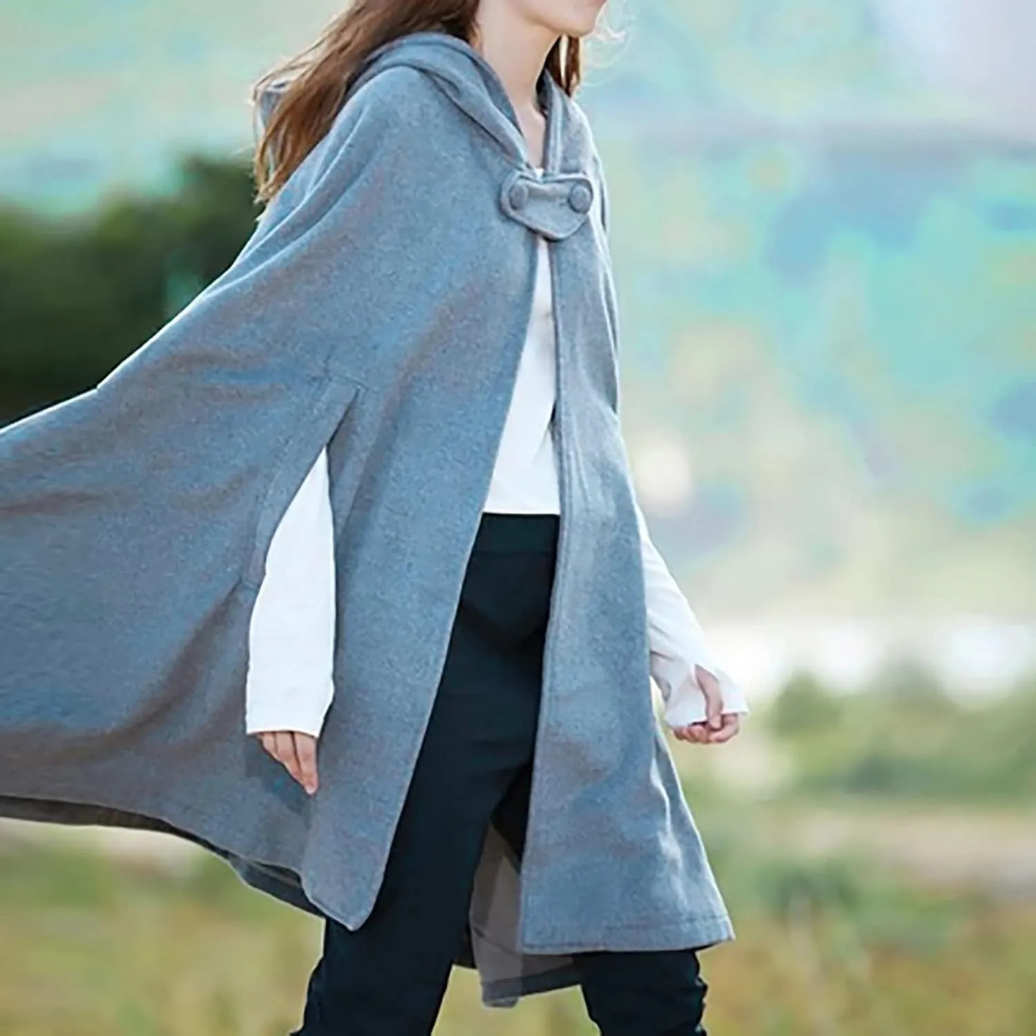Women's Cloak Hood Wool-Blend Cape Coat Winter Cardigans Plus Size Thick Coat Solid/Classic Scotland Plaid Jackets