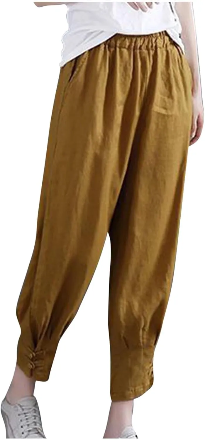 Women's Cropped Harem Pants Casual Elastic High Waisted Tapered Trousers with Pockets Casual Loose Lightweight Pant