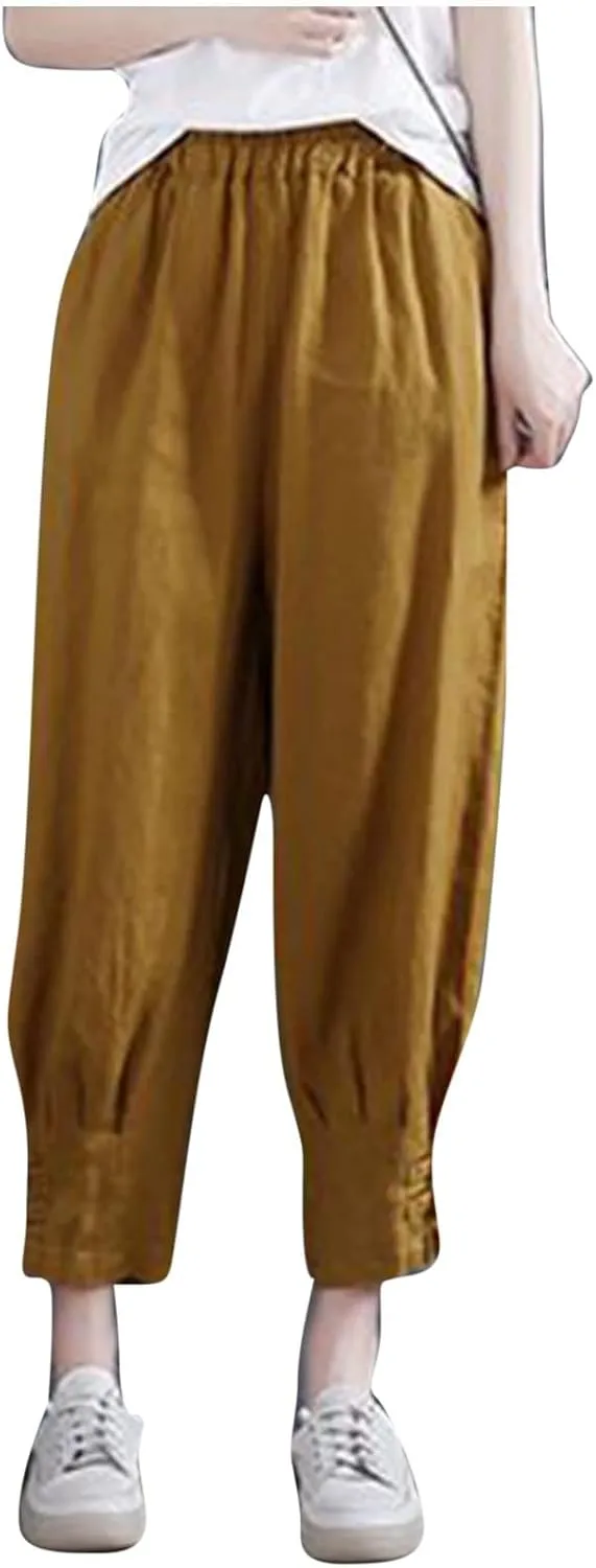 Women's Cropped Harem Pants Casual Elastic High Waisted Tapered Trousers with Pockets Casual Loose Lightweight Pant
