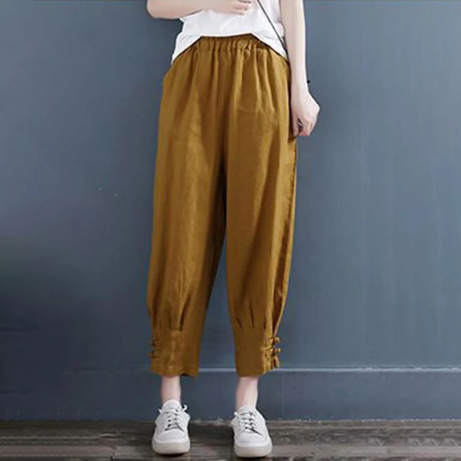 Women's Cropped Harem Pants Casual Elastic High Waisted Tapered Trousers with Pockets Casual Loose Lightweight Pant