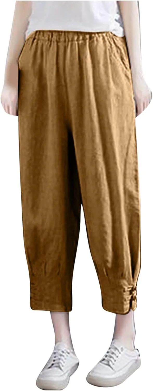 Women's Cropped Harem Pants Casual Elastic High Waisted Tapered Trousers with Pockets Casual Loose Lightweight Pant