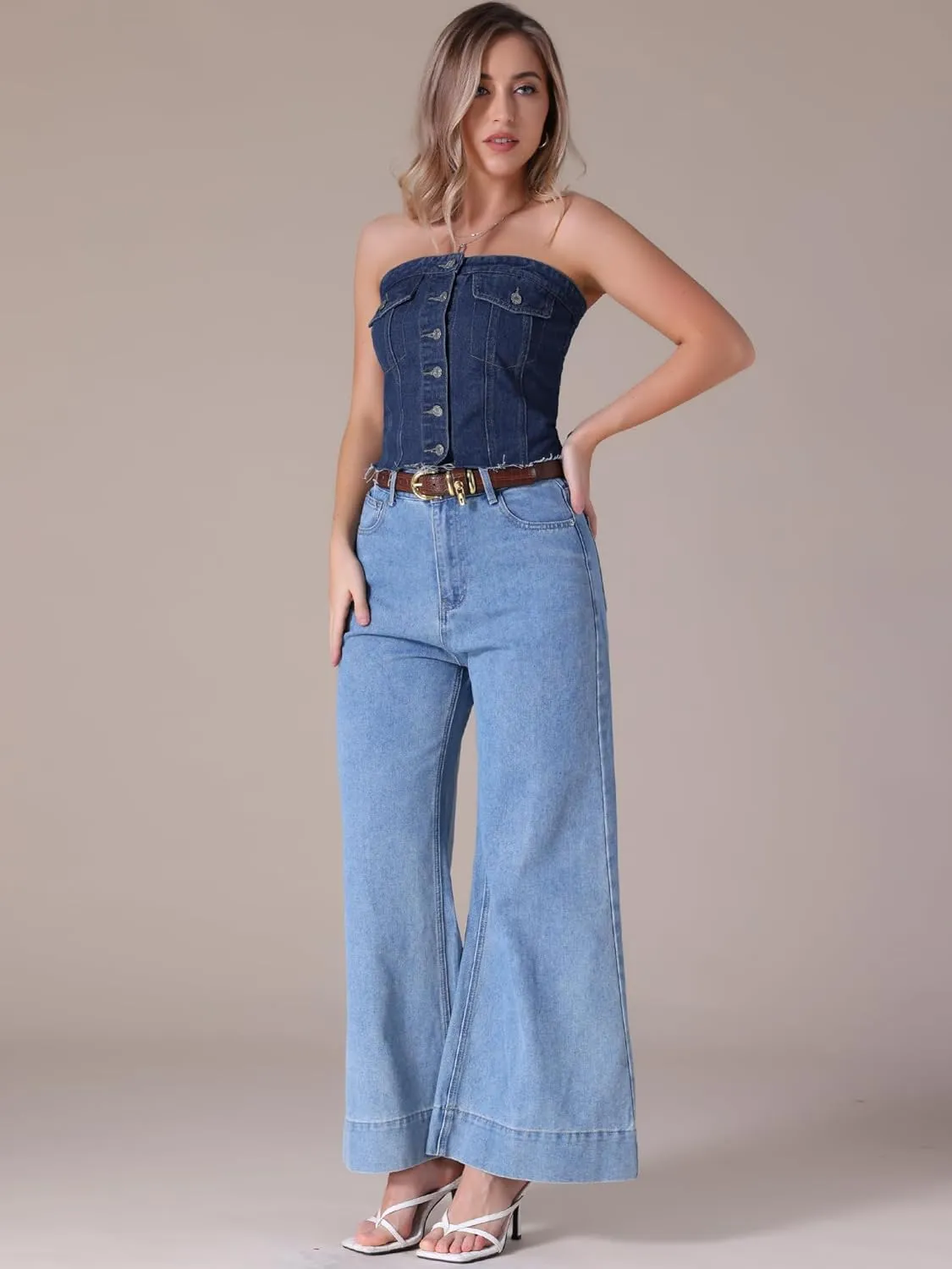 Women's Denim Tube Tops Button Front Raw Hem Smocked Back Crop Strapless Bandeau Top