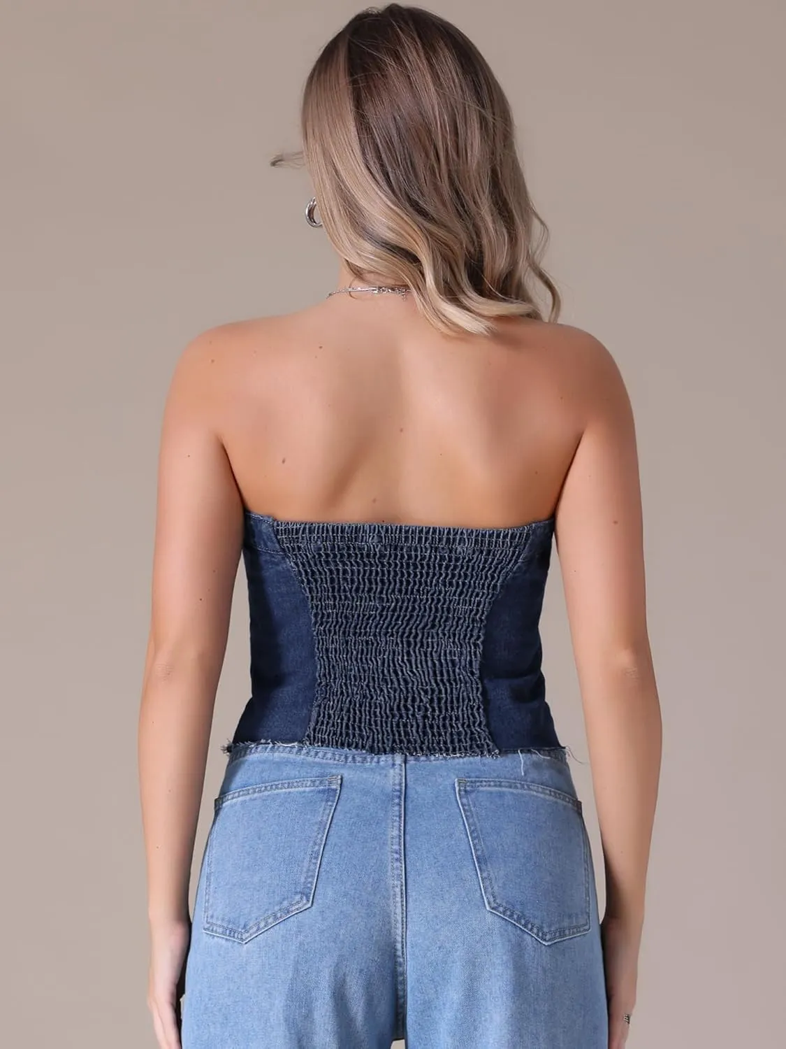 Women's Denim Tube Tops Button Front Raw Hem Smocked Back Crop Strapless Bandeau Top