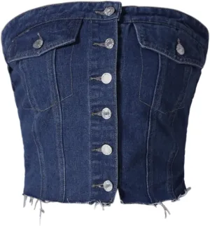 Women's Denim Tube Tops Button Front Raw Hem Smocked Back Crop Strapless Bandeau Top