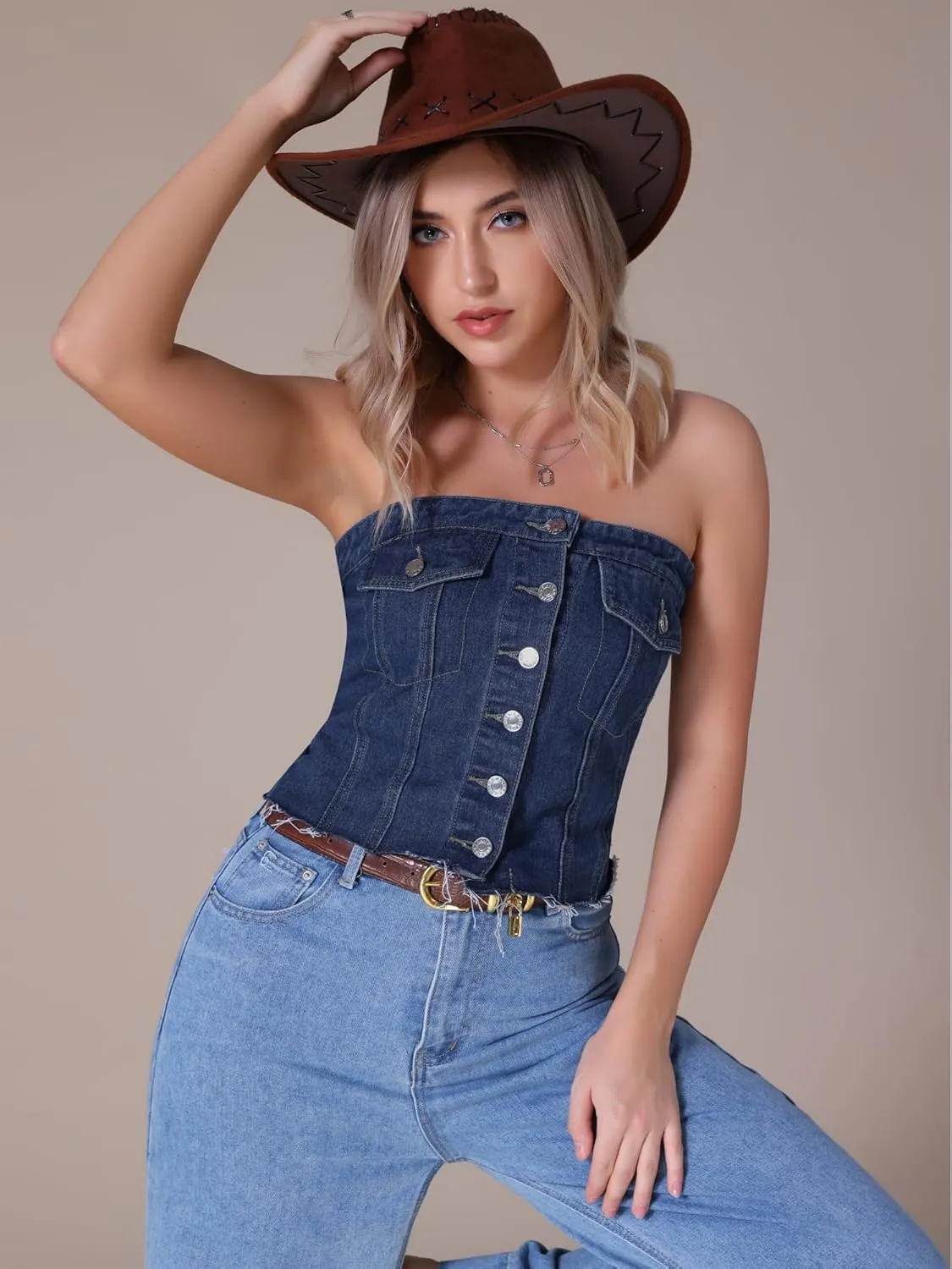 Women's Denim Tube Tops Button Front Raw Hem Smocked Back Crop Strapless Bandeau Top